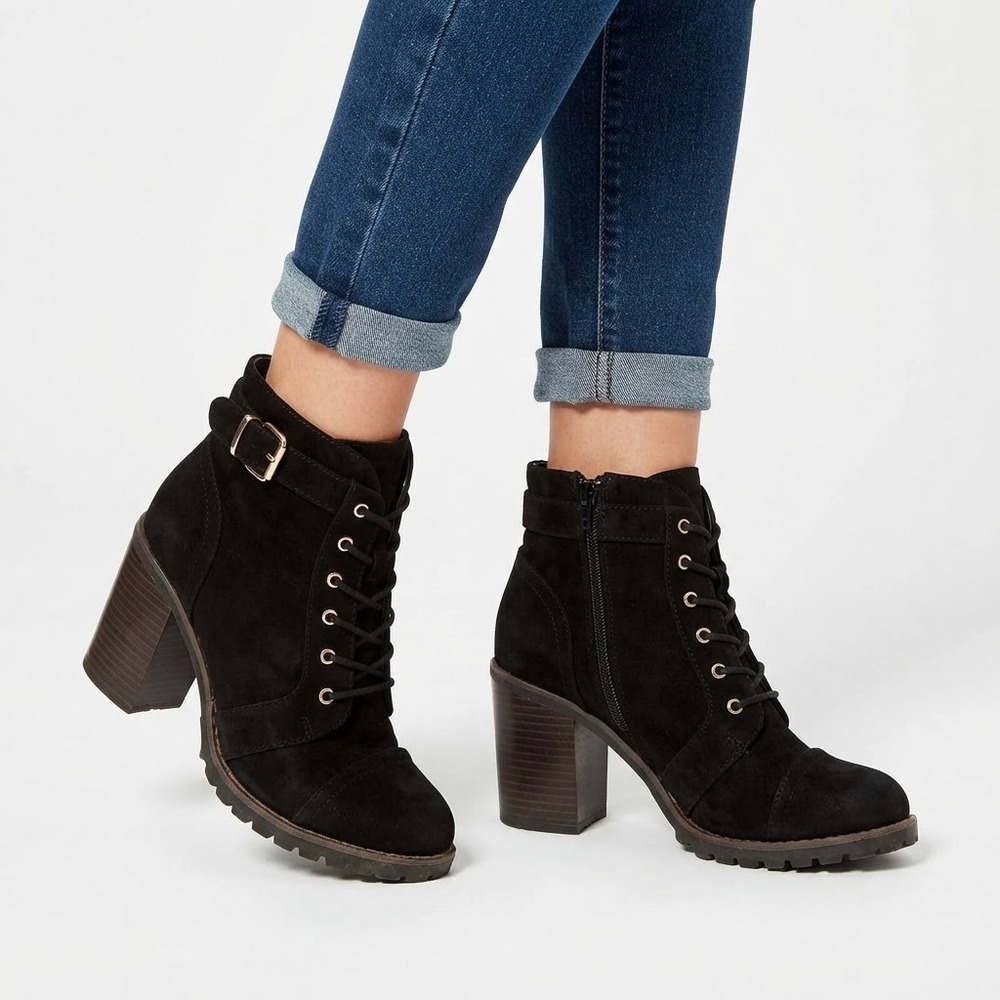 Hippie Laundry Boots Womens 8Black Faux Suede Lace Up Block Heel Ankle Buckle